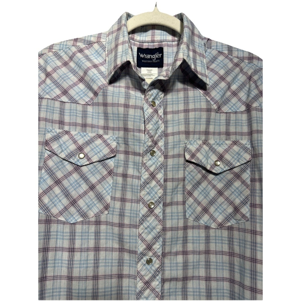 Wrangler Western Shirt Pearl Snaps Long Sleeve White Blue Pink Plaid Size Large
